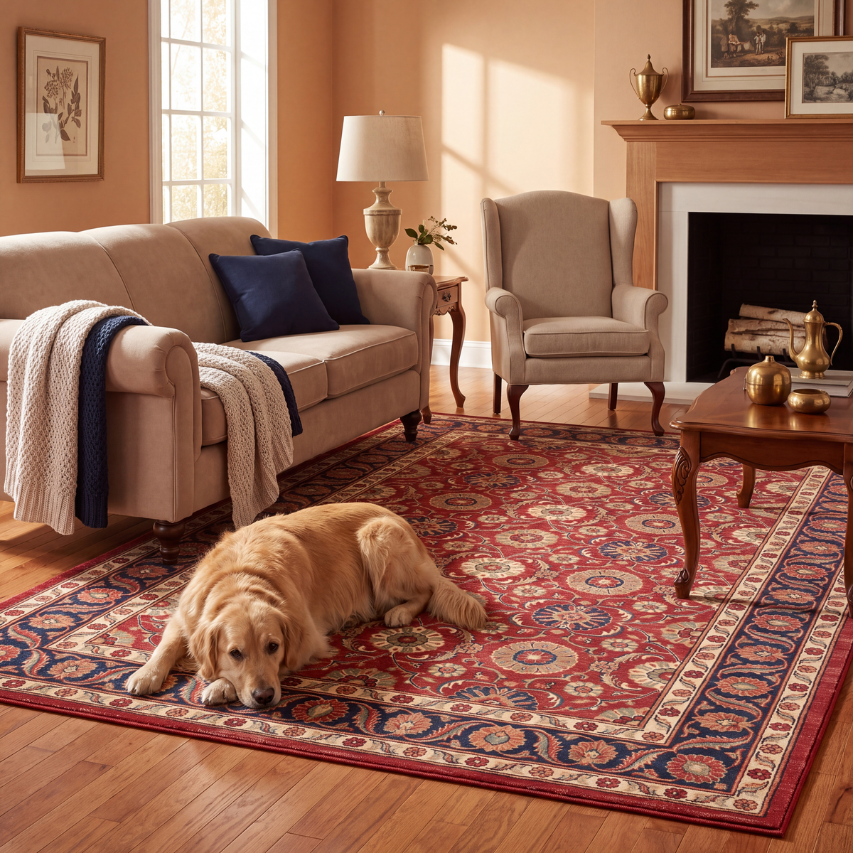 A dog resting on the rug in a living room.