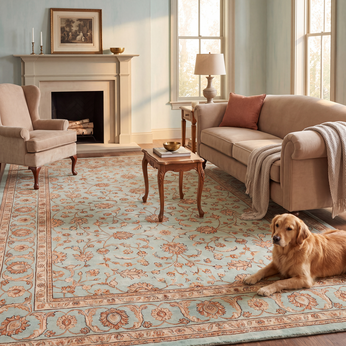 A dog resting on the rug in a living room.