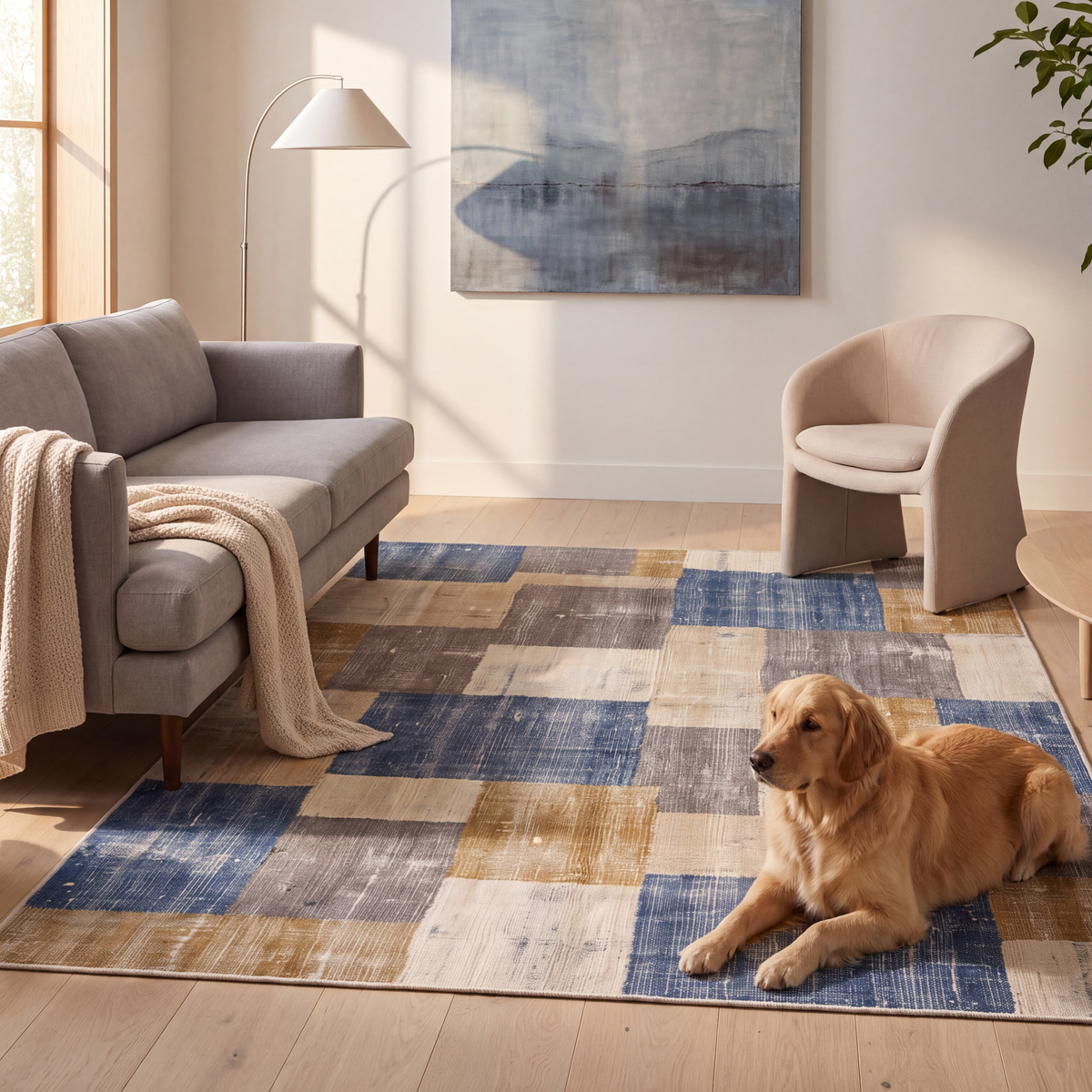 A dog resting on the rug in a living room.