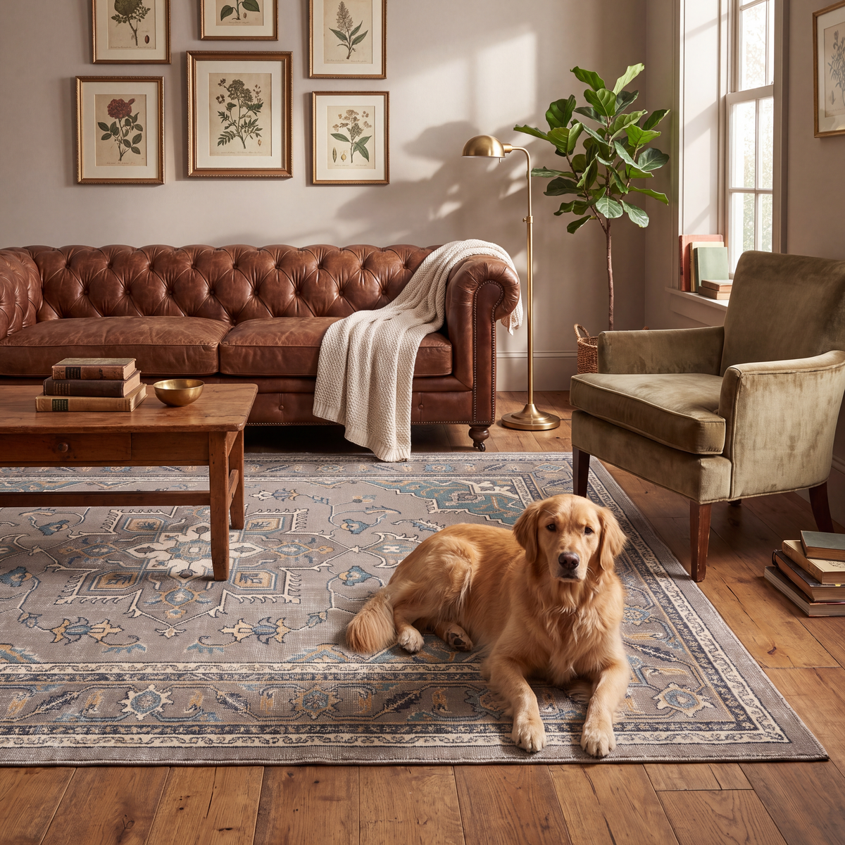 A dog resting on the rug in a living room.