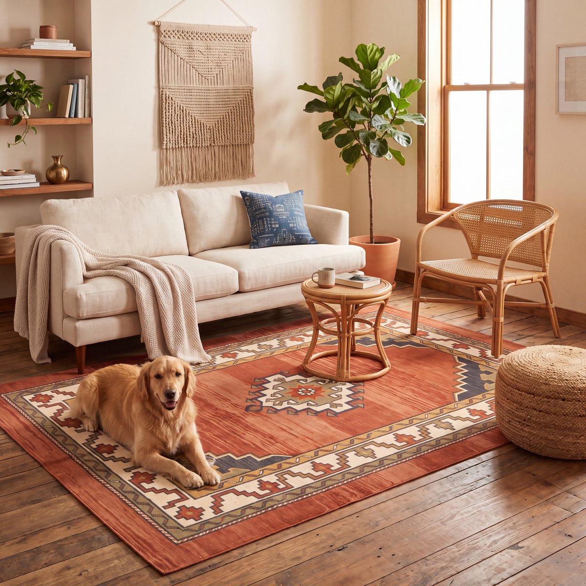 A dog resting on the rug in a living room.