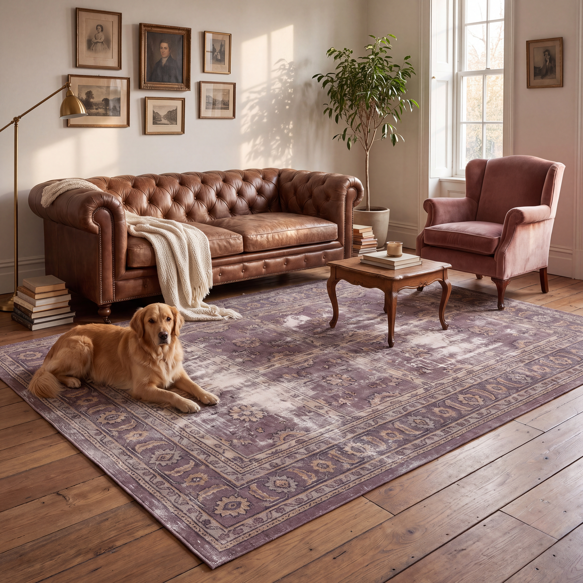 A dog resting on the rug in a living room.