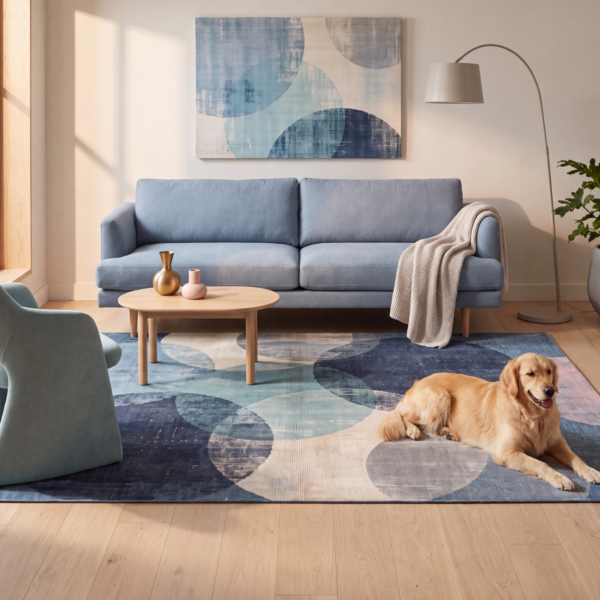 A dog resting on the rug in a living room.