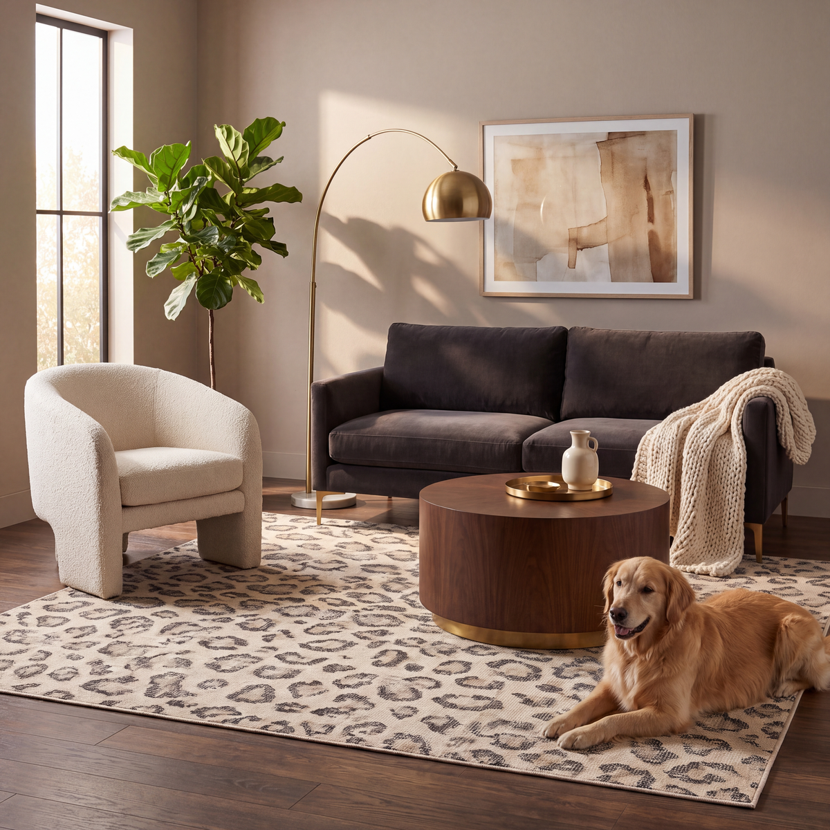 A dog resting on the rug in a living room.