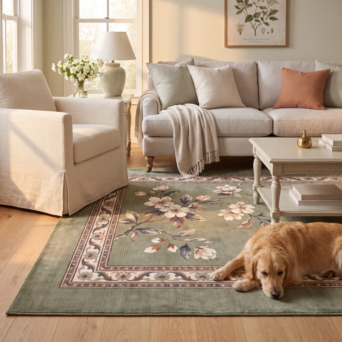 A dog resting on the rug in a living room.
