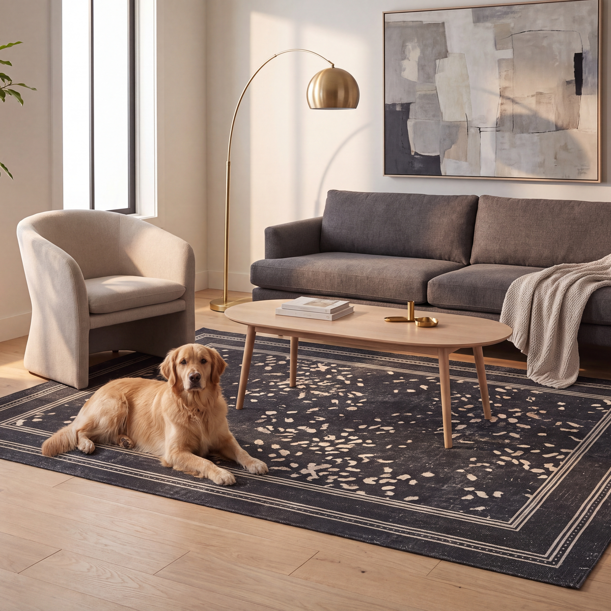 A dog resting on the rug in a living room.