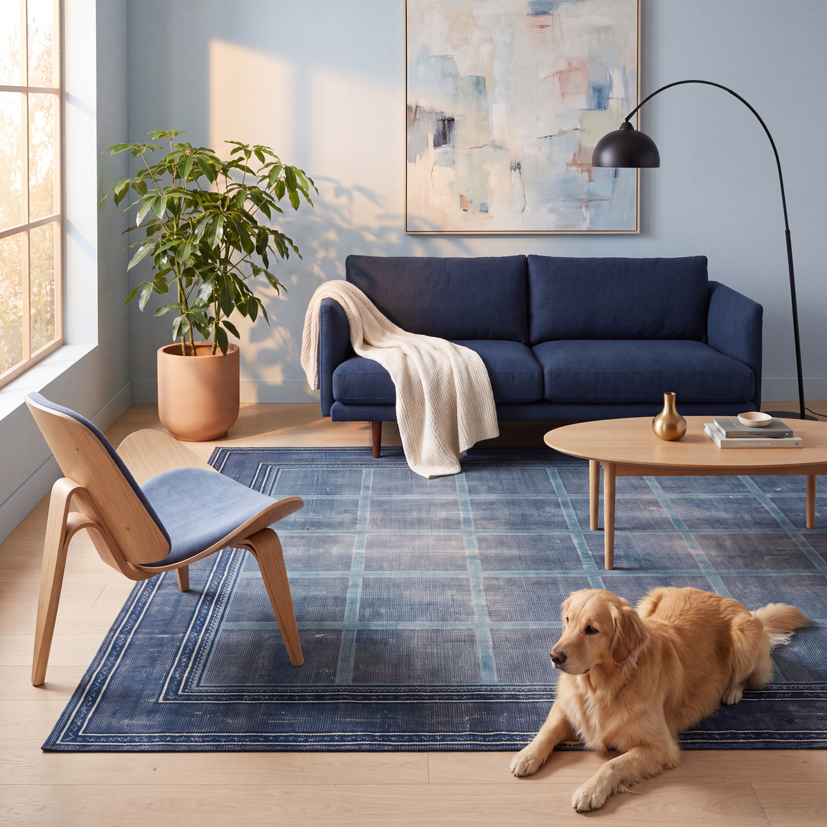 A dog resting on the rug in a living room.