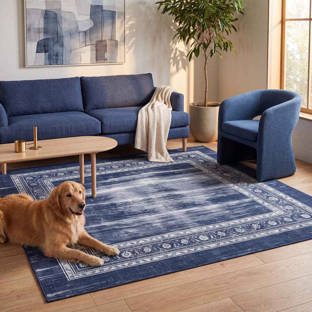 A dog resting on the rug in a living room.