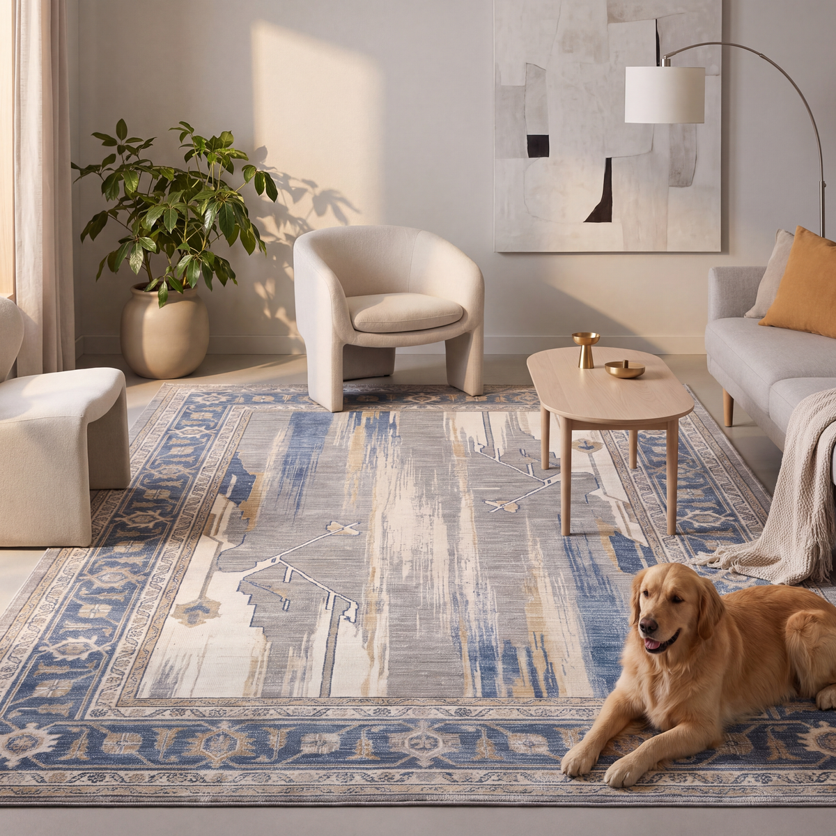 A dog resting on the rug in a living room.