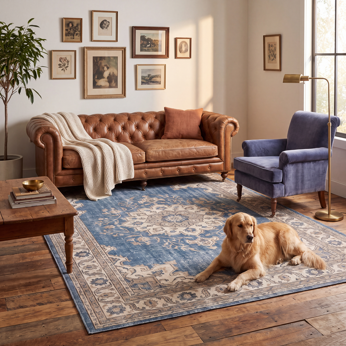 A dog resting on the rug in a living room.
