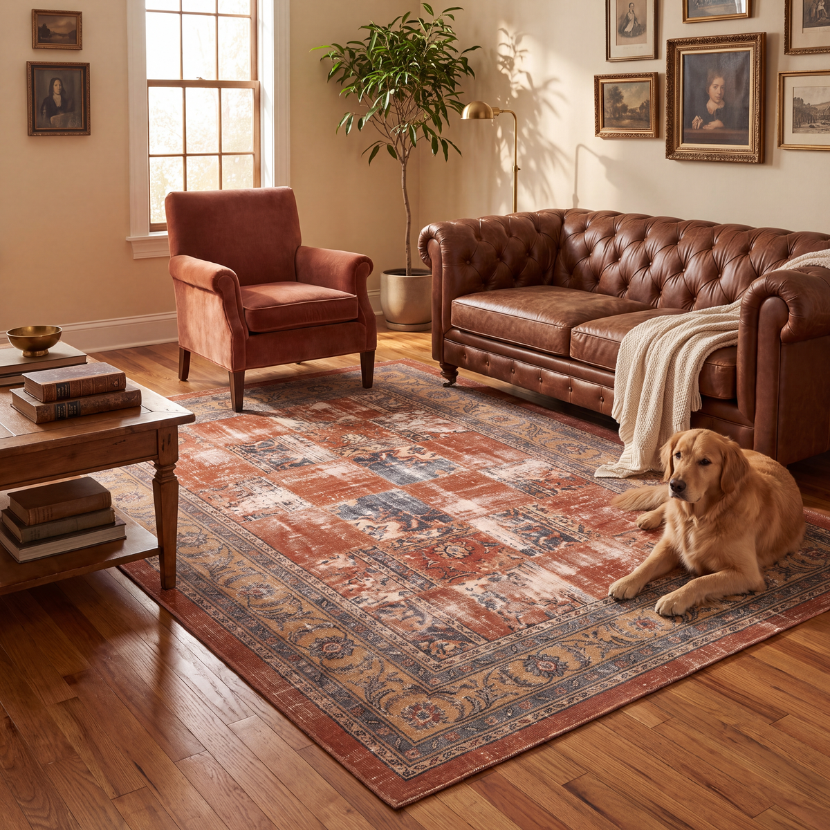 A dog resting on the rug in a living room.