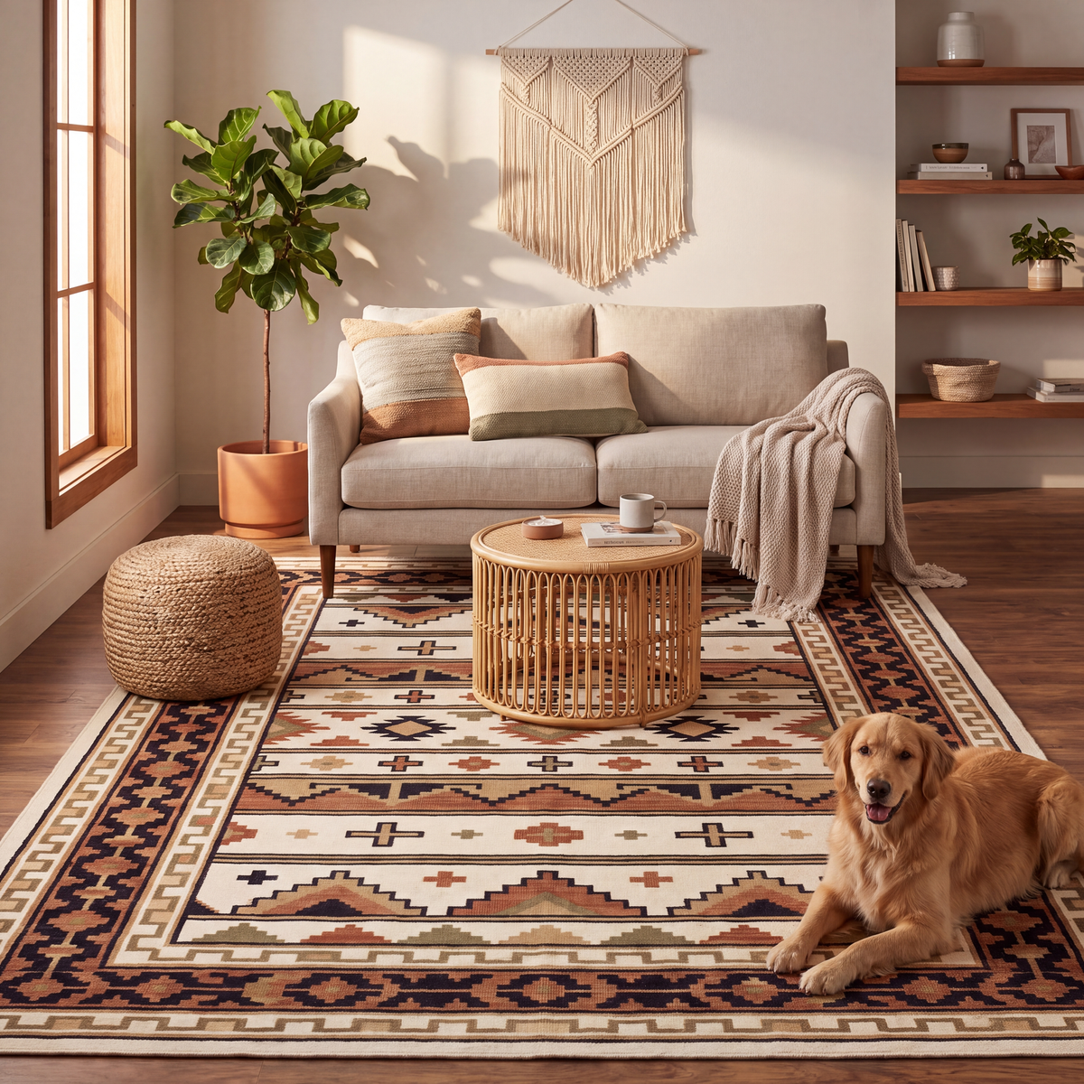 A dog resting on the rug in a living room.