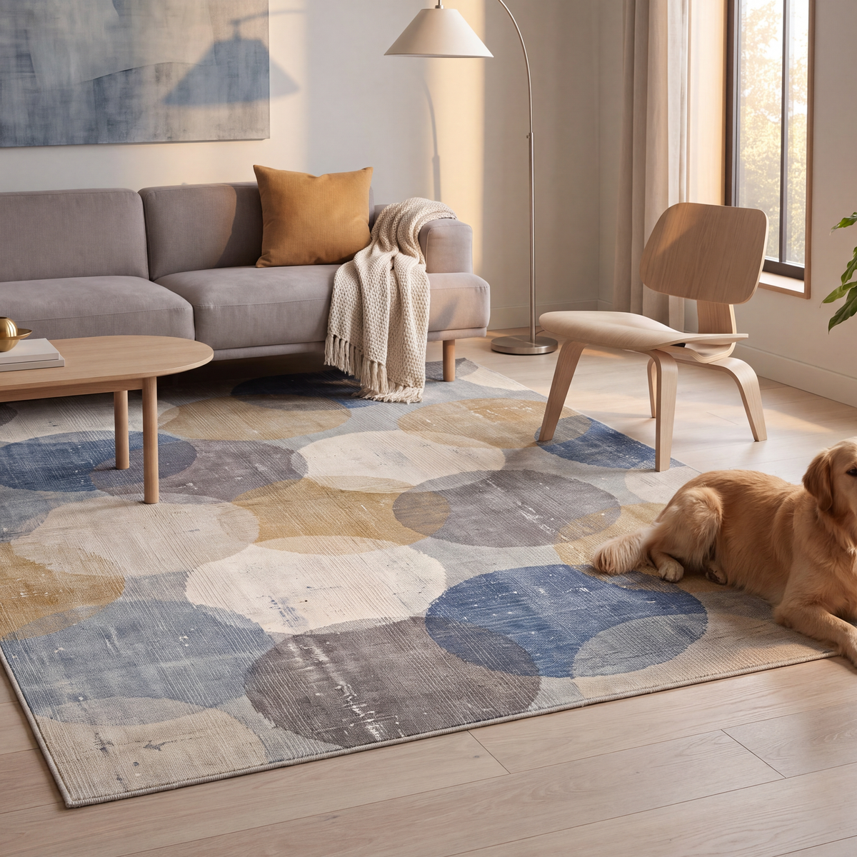 A dog resting on the rug in a living room.