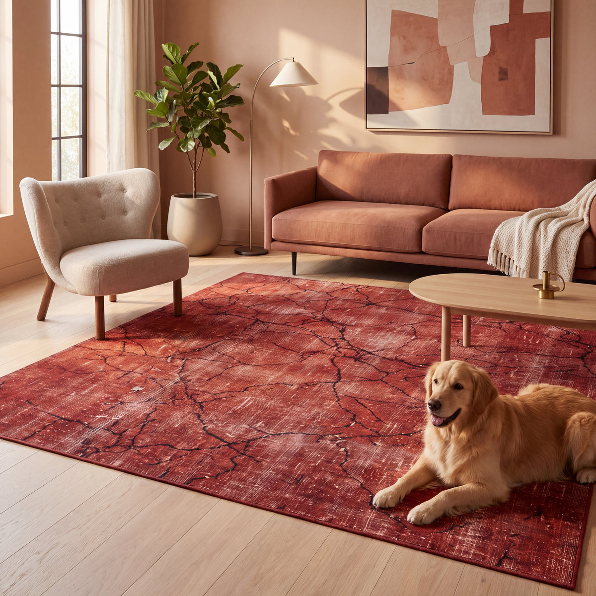 A dog resting on the rug in a living room.