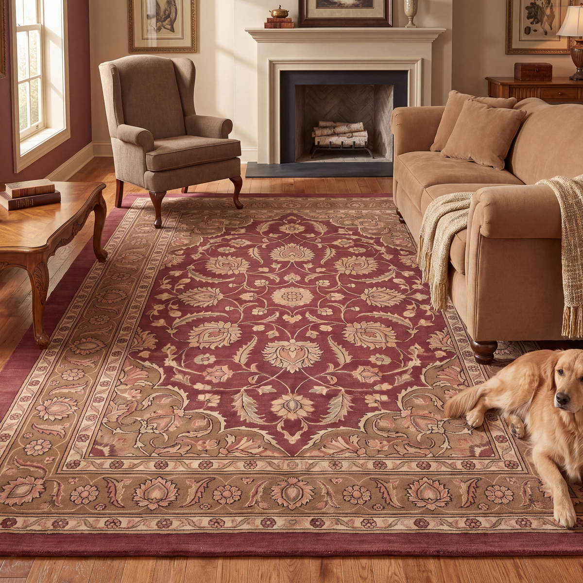 A dog resting on the rug in a living room.