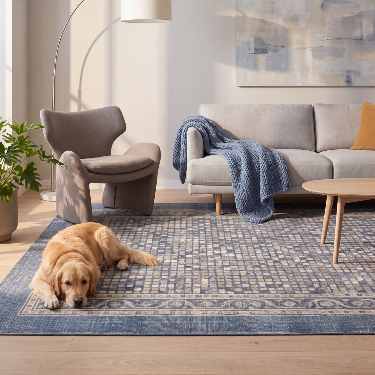A dog resting on the rug in a living room.
