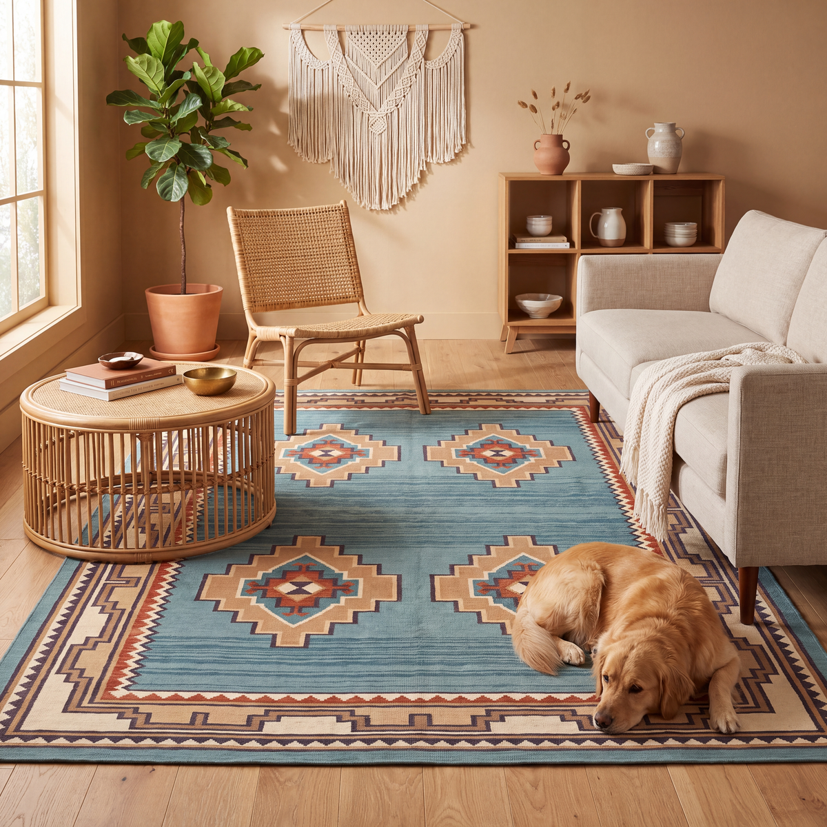 A dog resting on the rug in a living room.