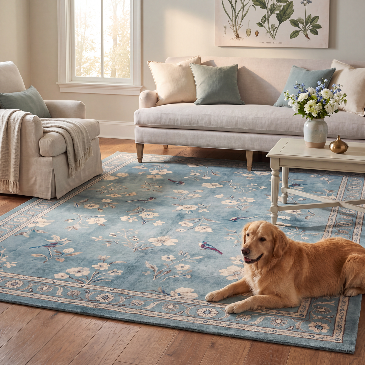 A dog resting on the rug in a living room.