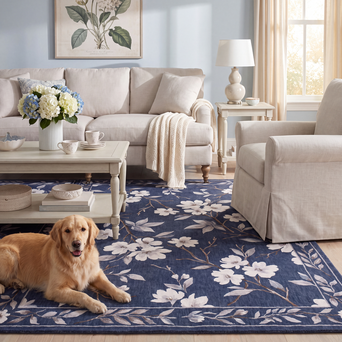 A dog resting on the rug in a living room.