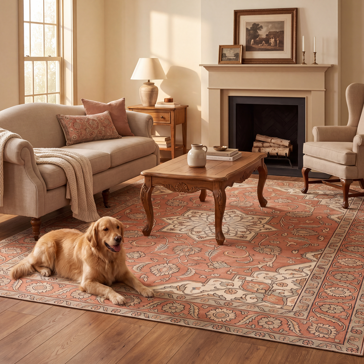 A dog resting on the rug in a living room.