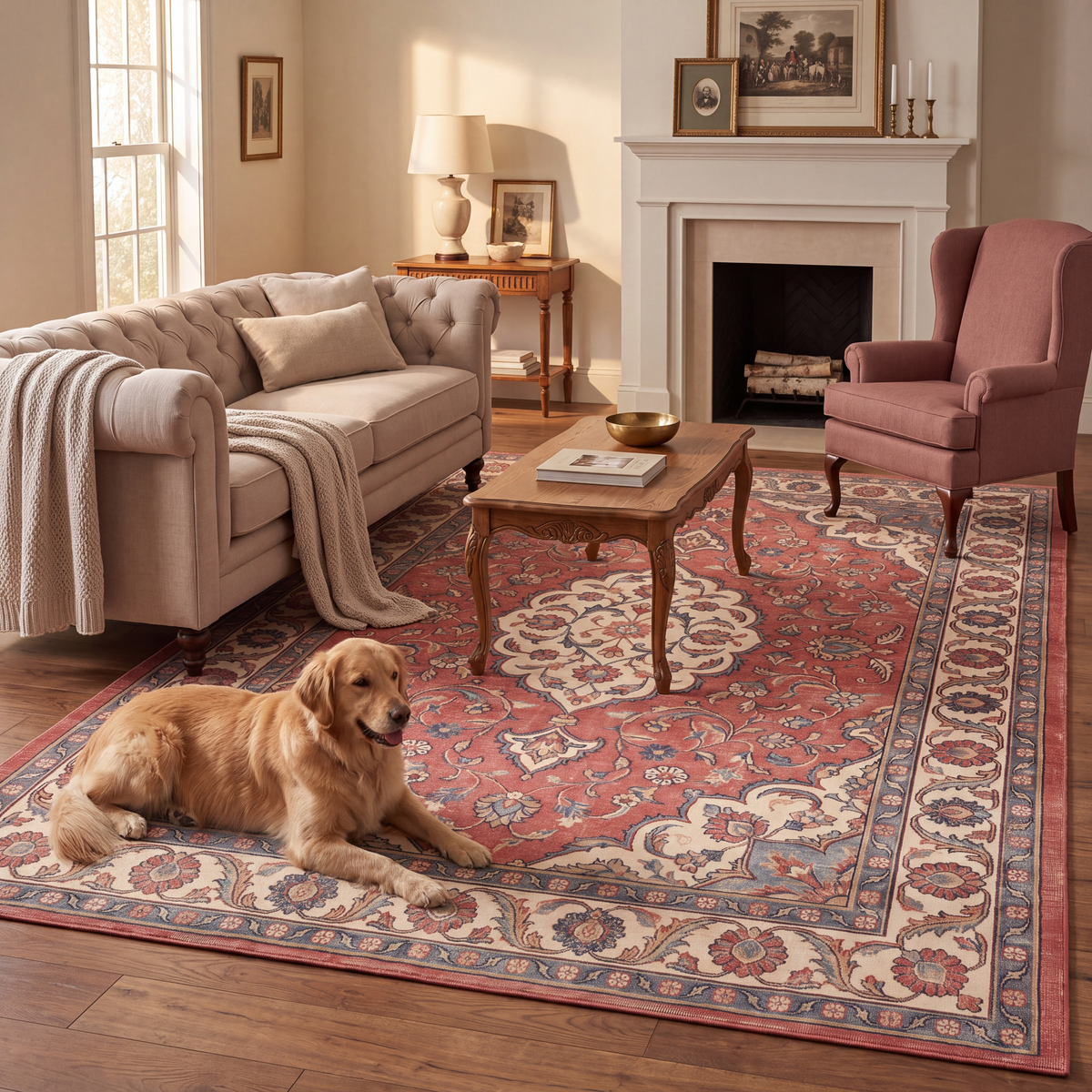 A dog resting on the rug in a living room.