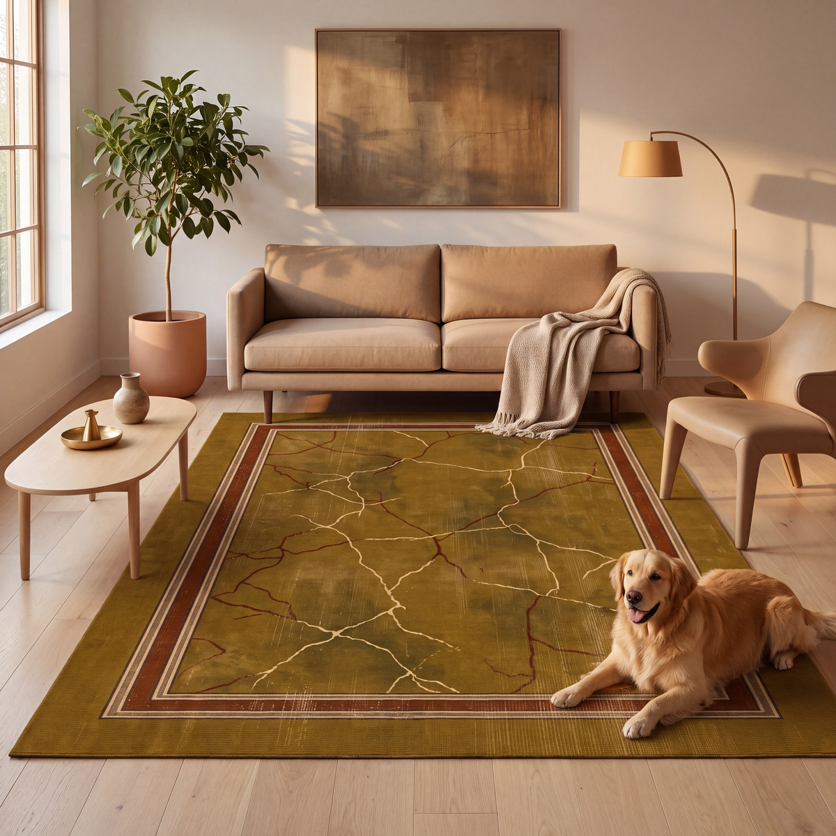 A dog resting on the rug in a living room.