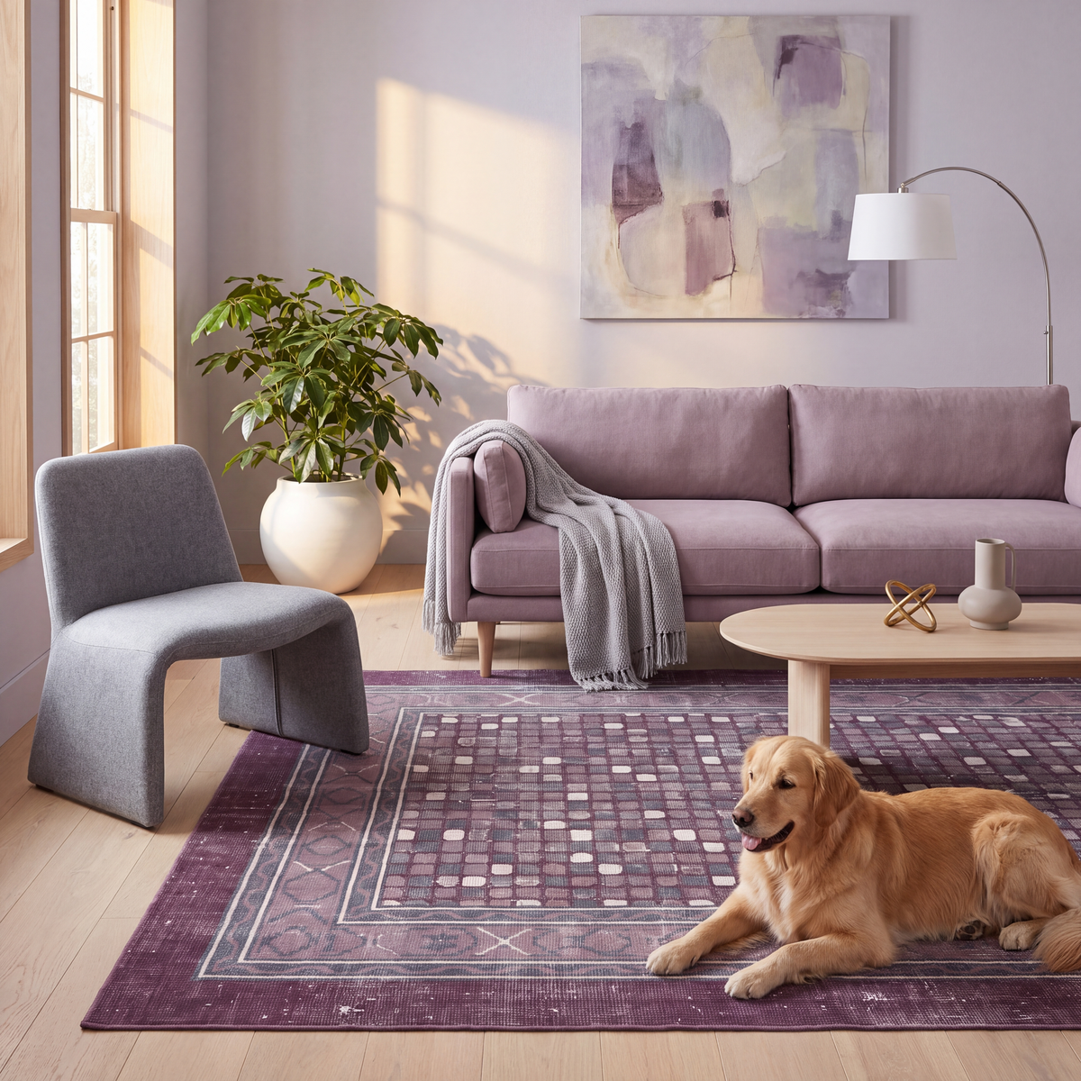 A dog resting on the rug in a living room.