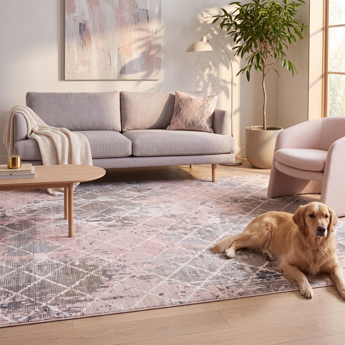 A dog resting on the rug in a living room.