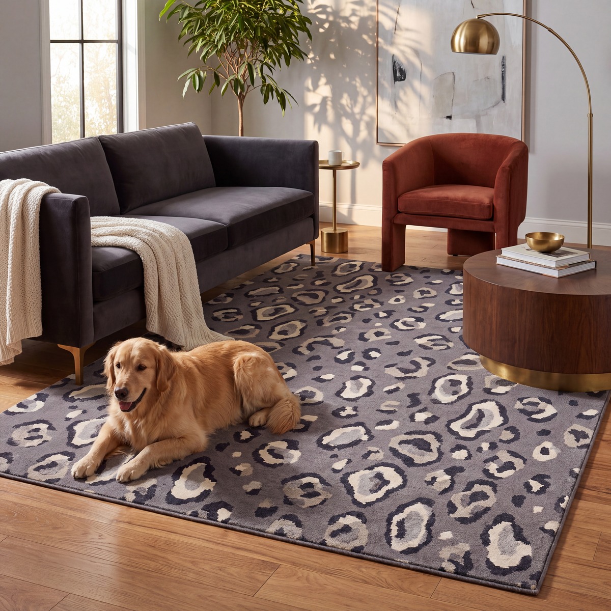 A dog resting on the rug in a living room.