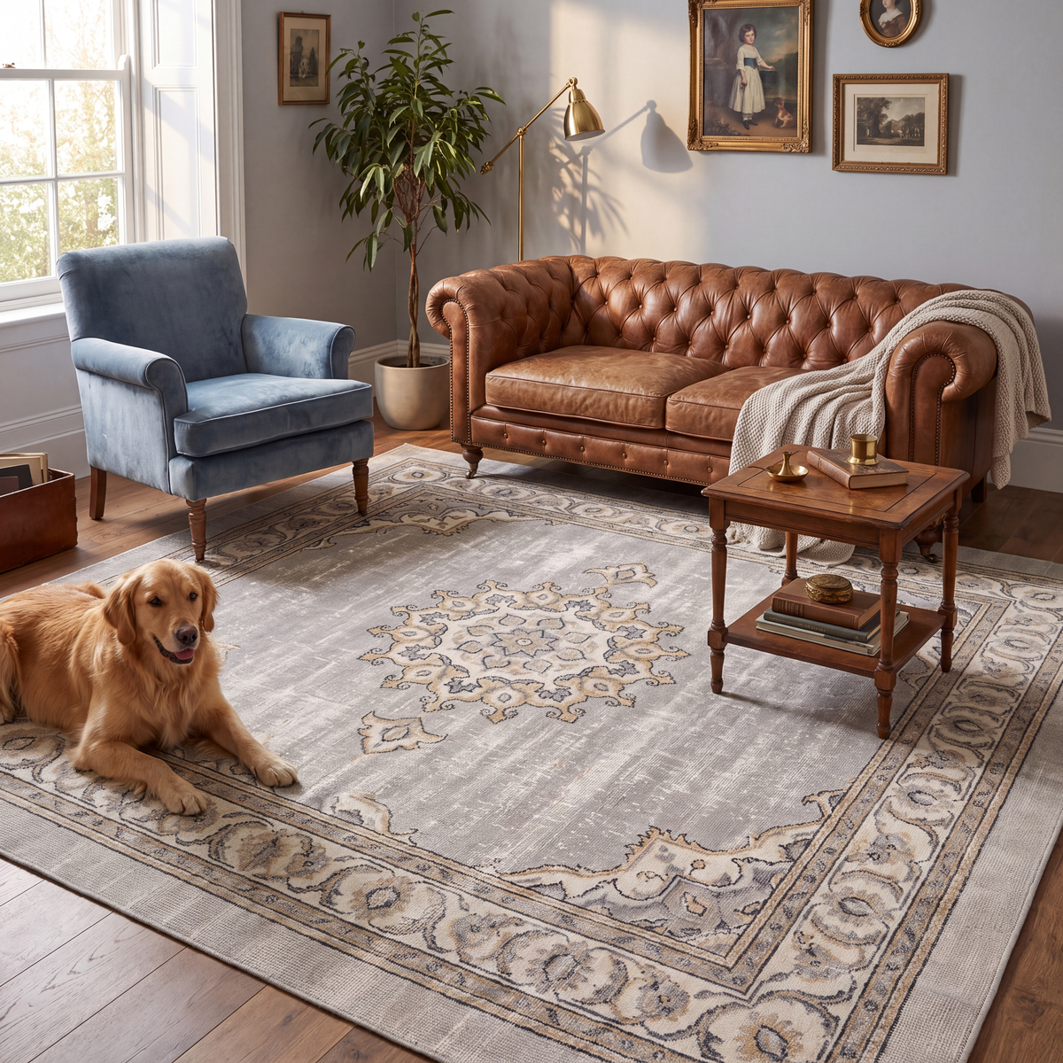 A dog resting on the rug in a living room.