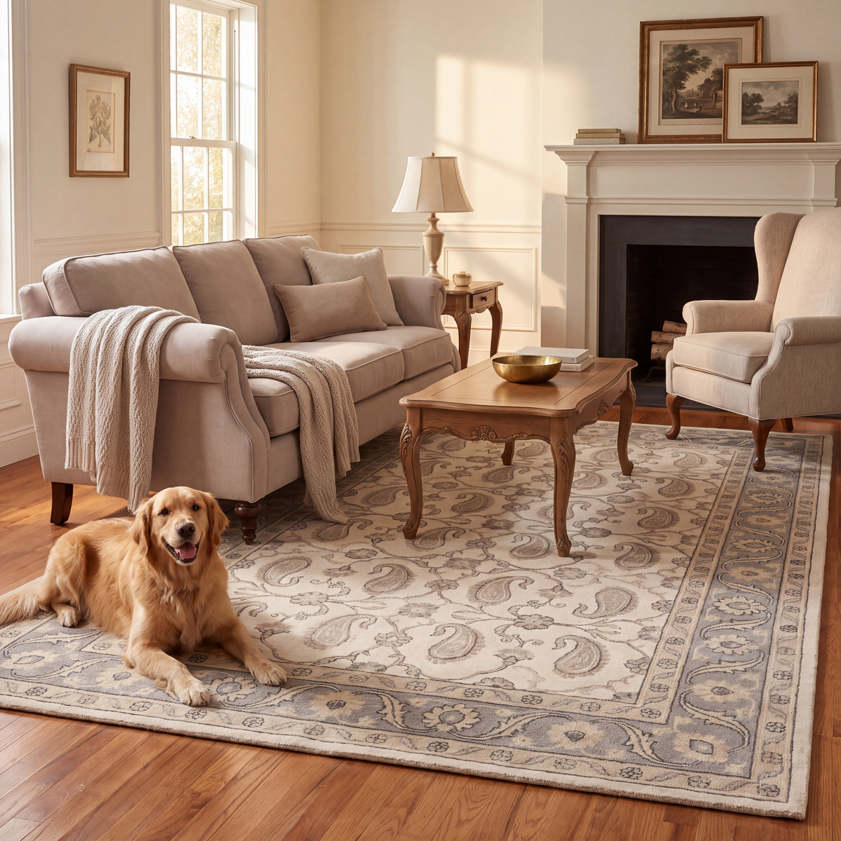 A dog resting on the rug in a living room.
