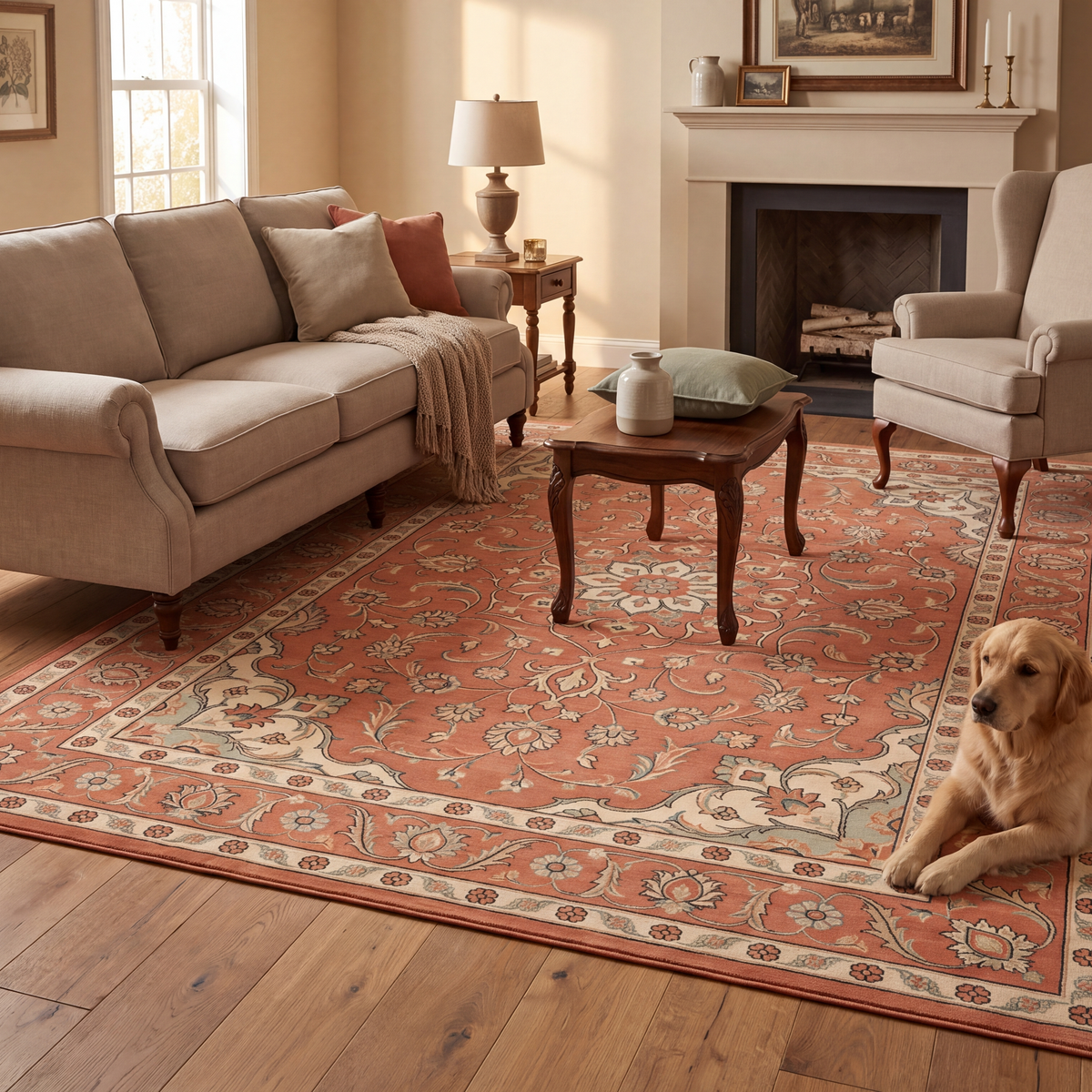 A dog resting on the rug in a living room.