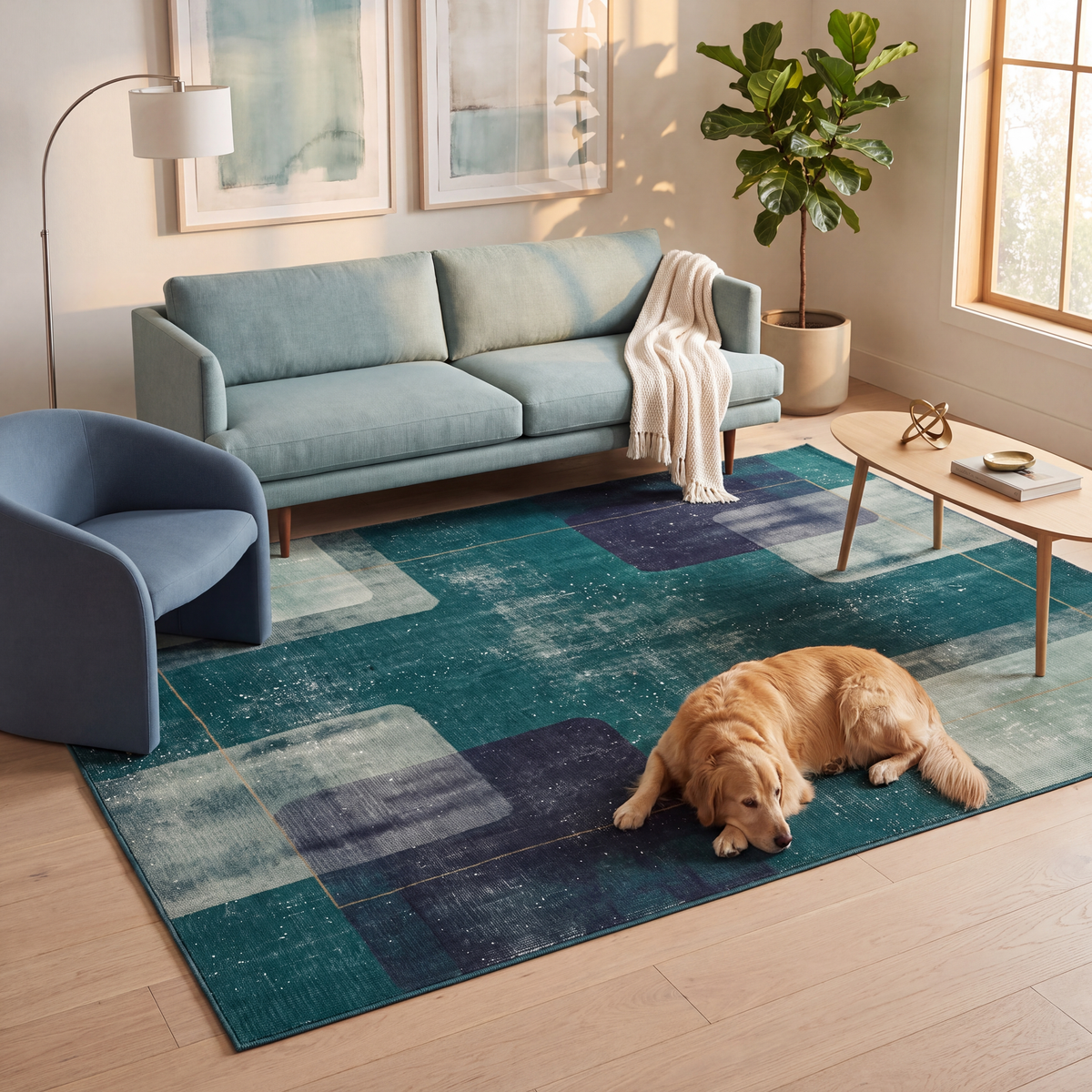 A dog resting on the rug in a living room.