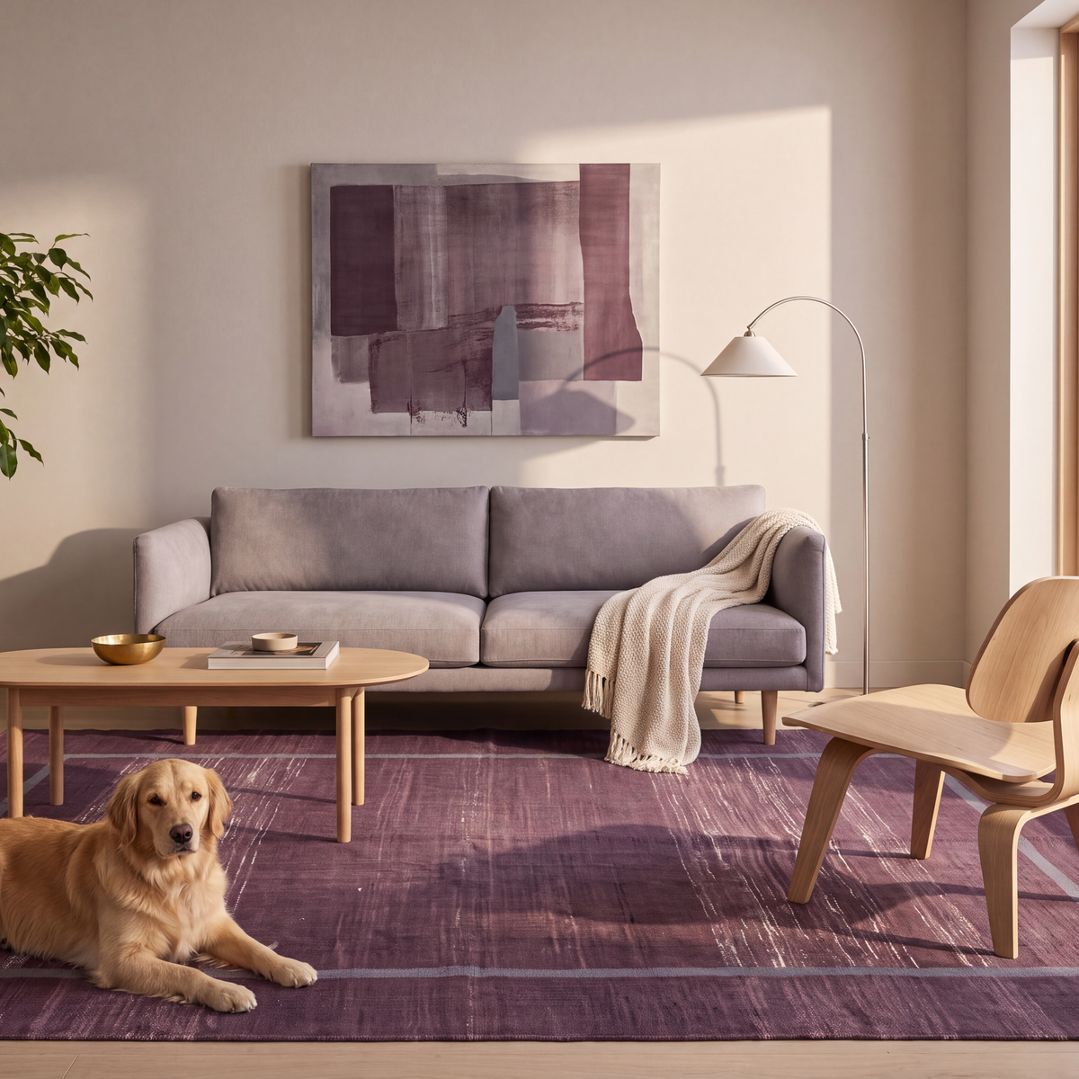 A dog resting on the rug in a living room.