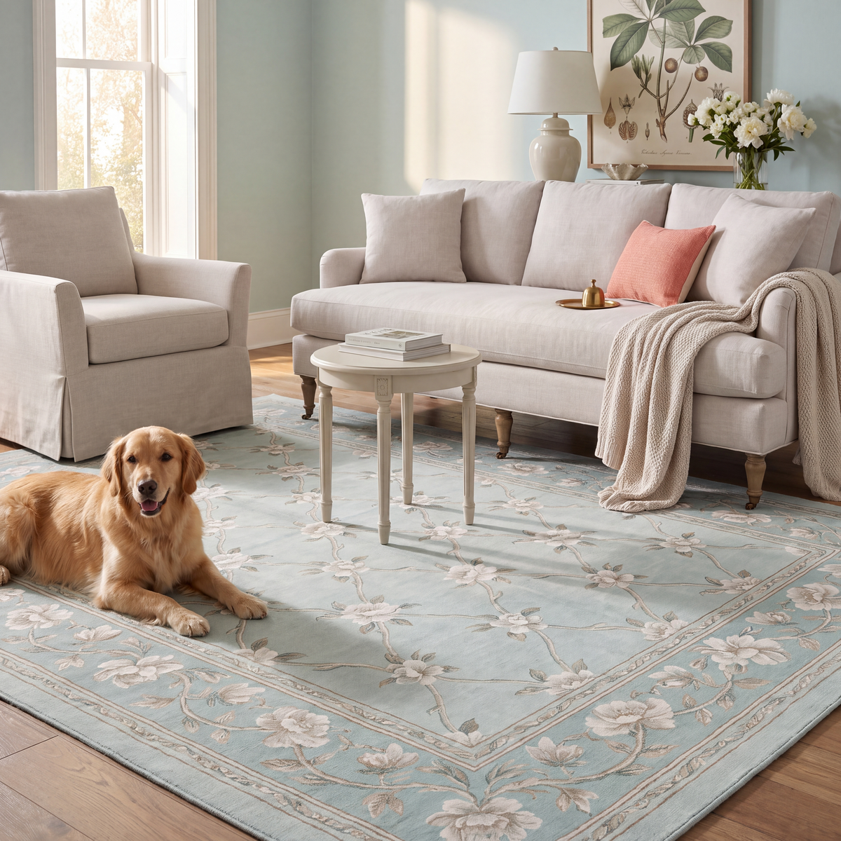 A dog resting on the rug in a living room.