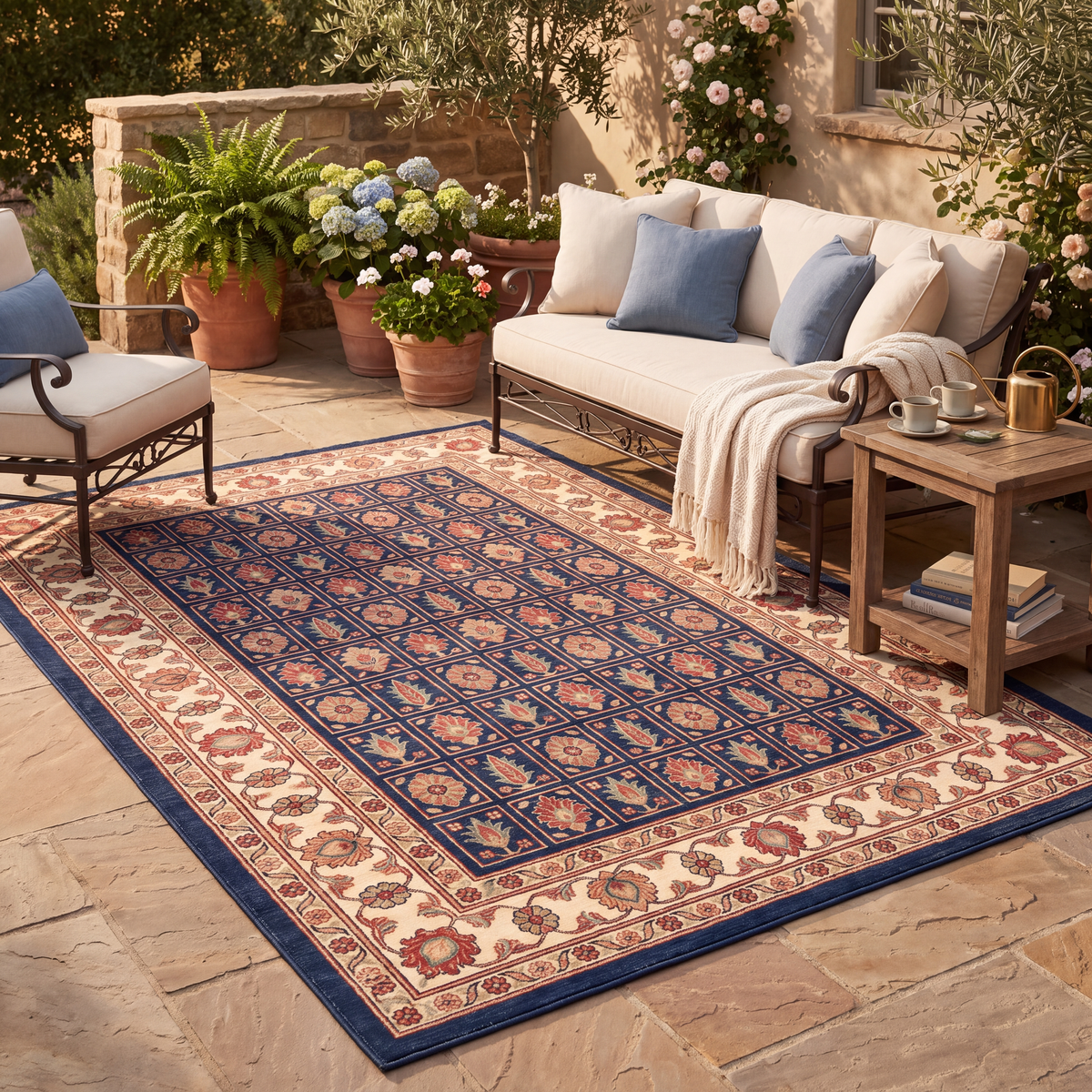 The rug laid flat on a patio beside outdoor seating.