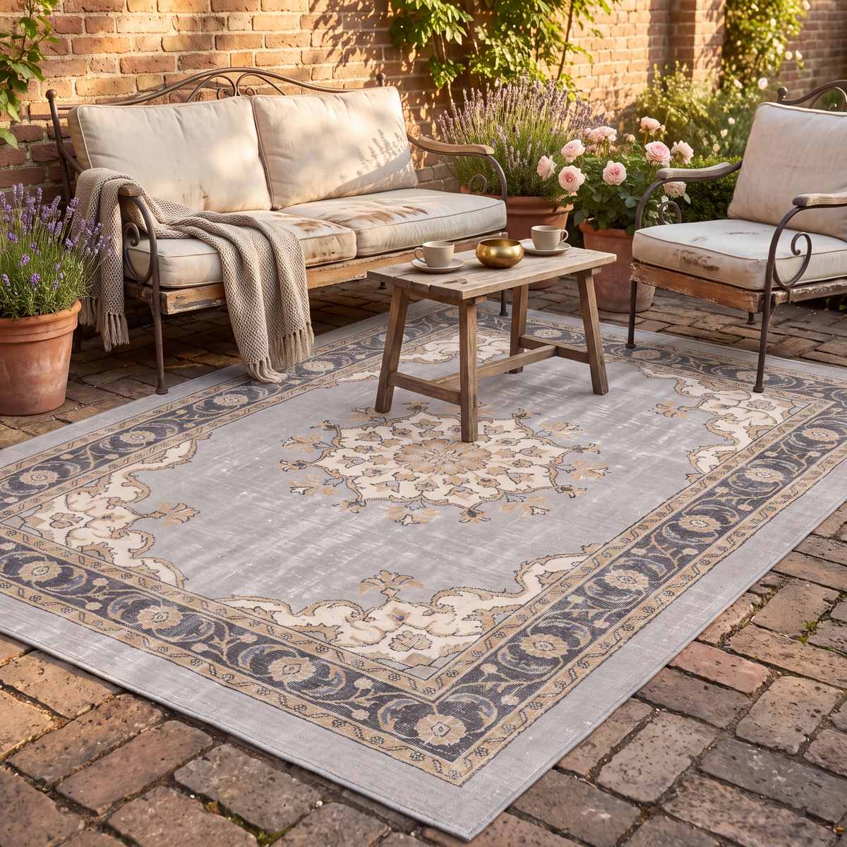 The rug laid flat on a patio beside outdoor seating.