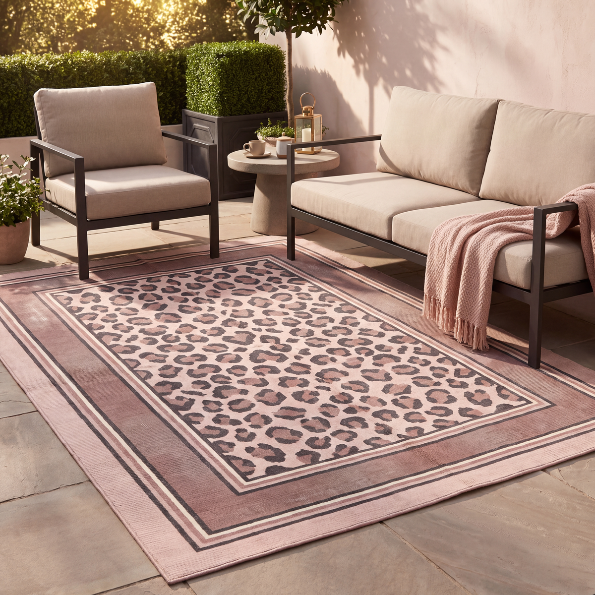 The rug laid flat on a patio beside outdoor seating.