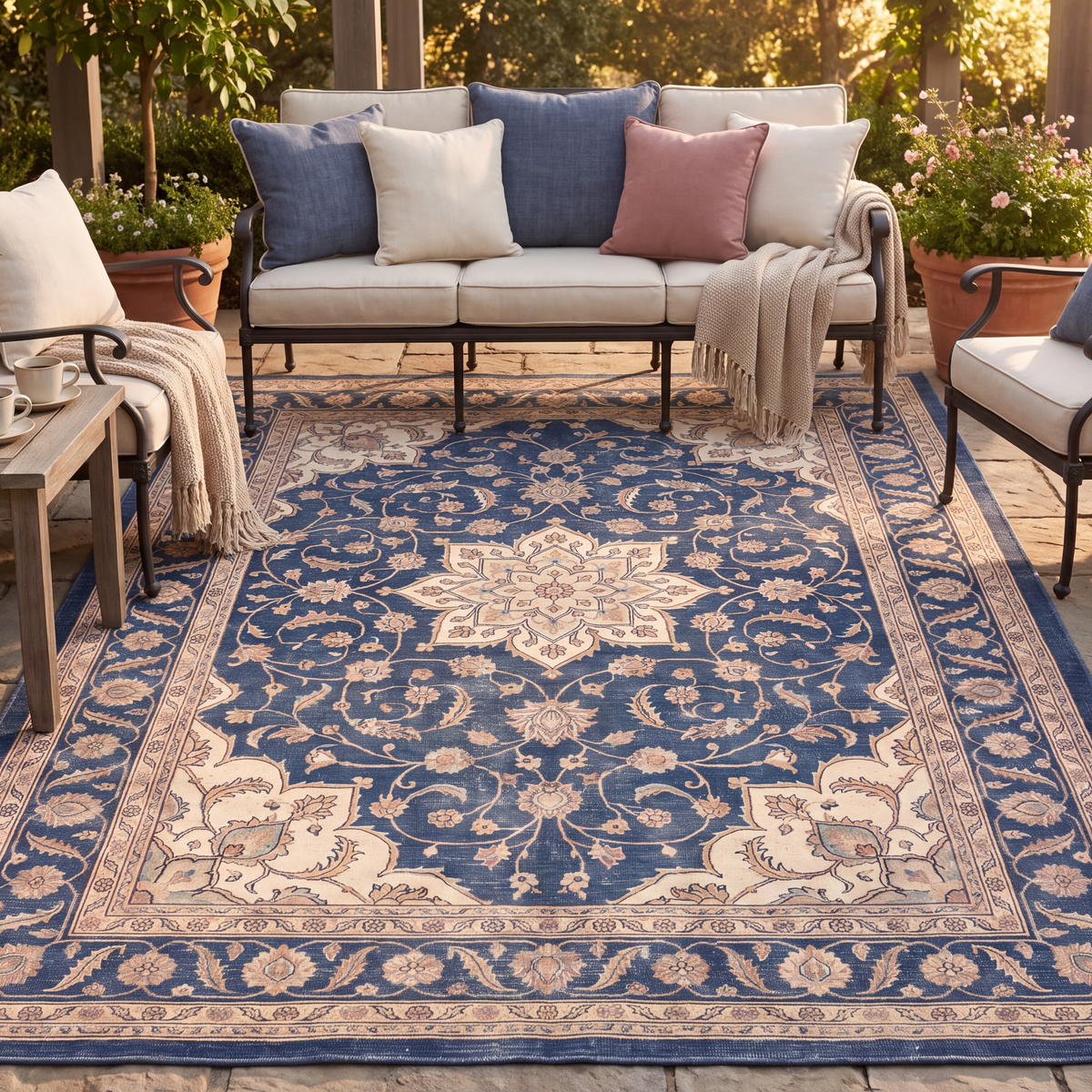 The rug laid flat on a patio beside outdoor seating.
