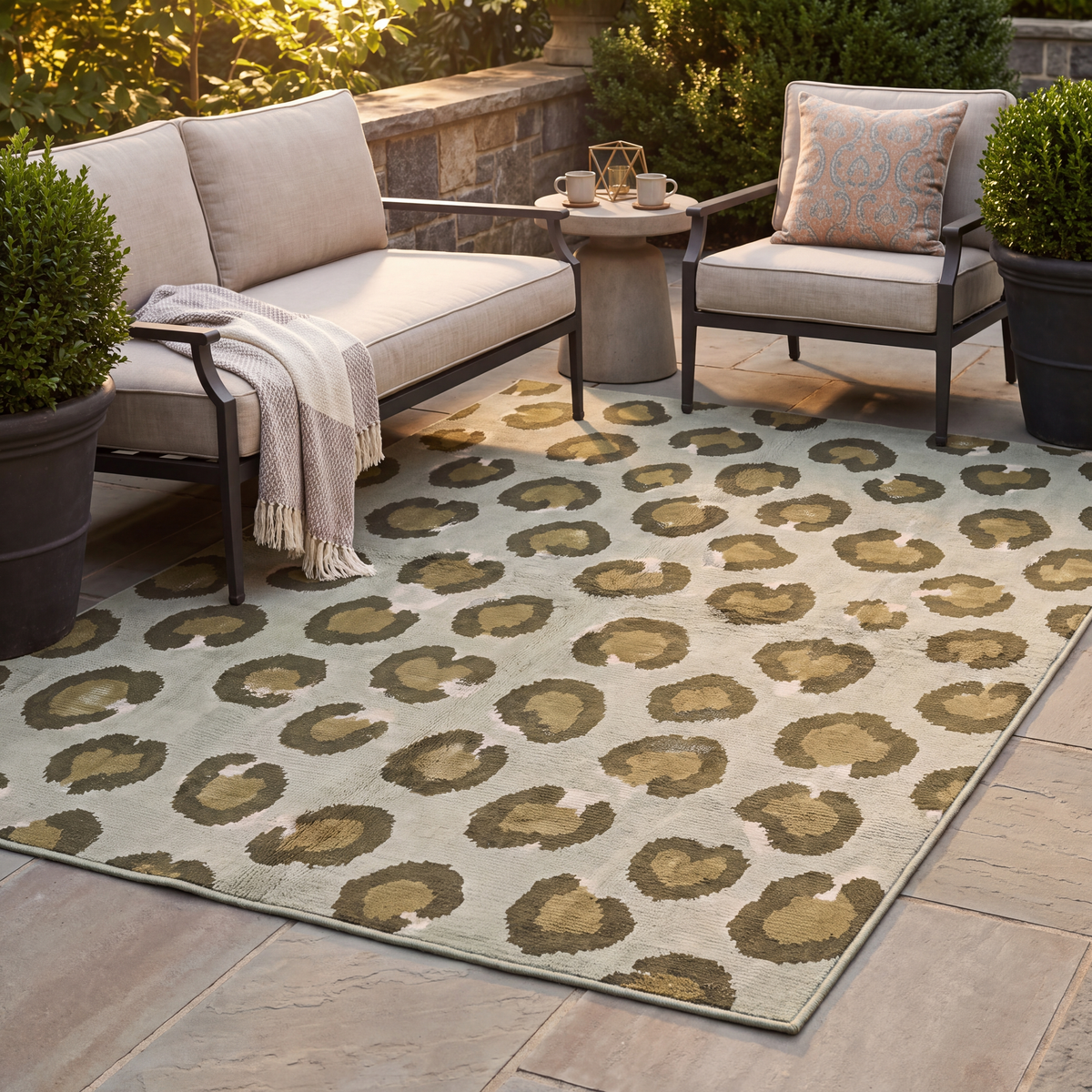 The rug laid flat on a patio beside outdoor seating.