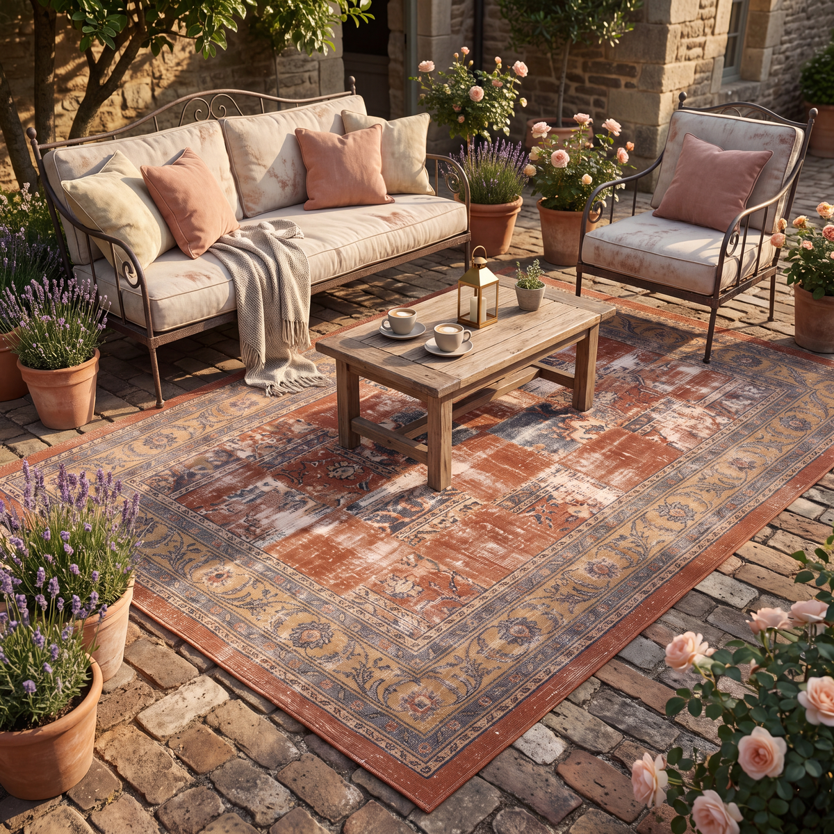 The rug laid flat on a patio beside outdoor seating.