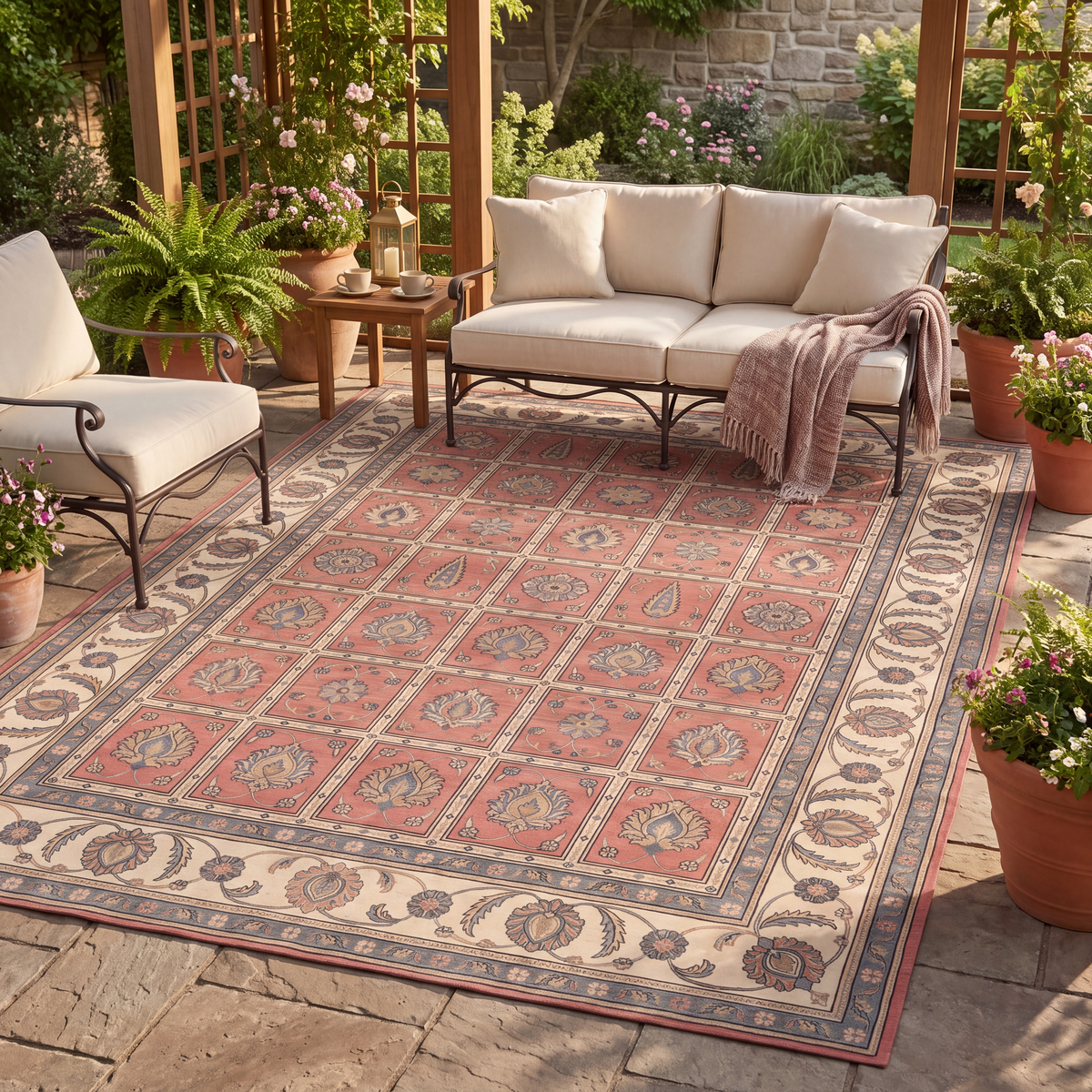 The rug laid flat on a patio beside outdoor seating.