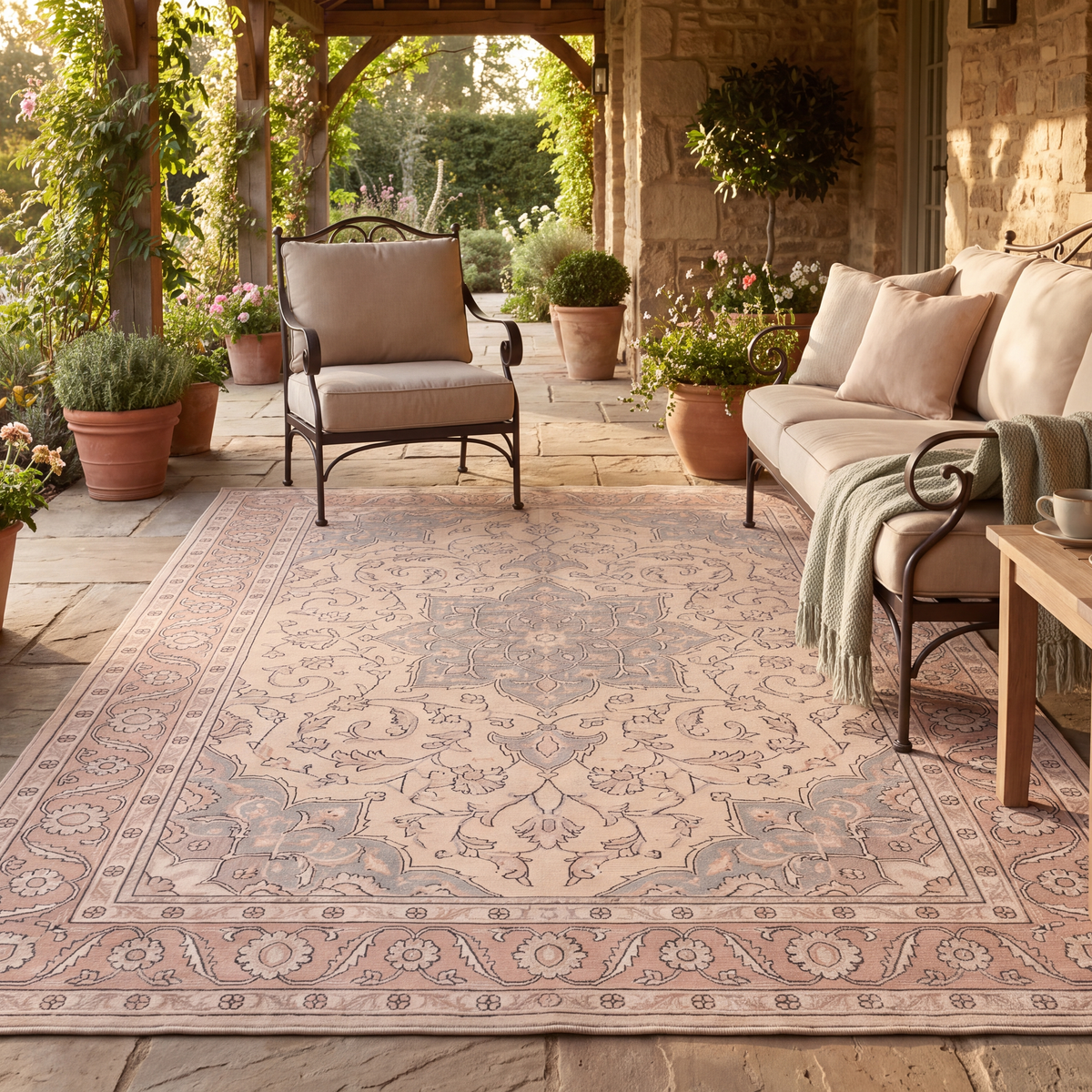 The rug laid flat on a patio beside outdoor seating.