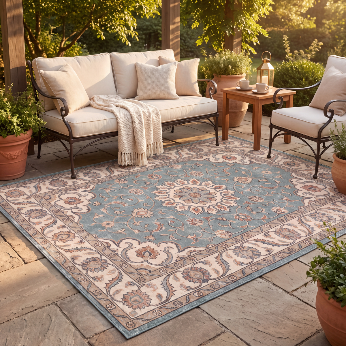 The rug laid flat on a patio beside outdoor seating.