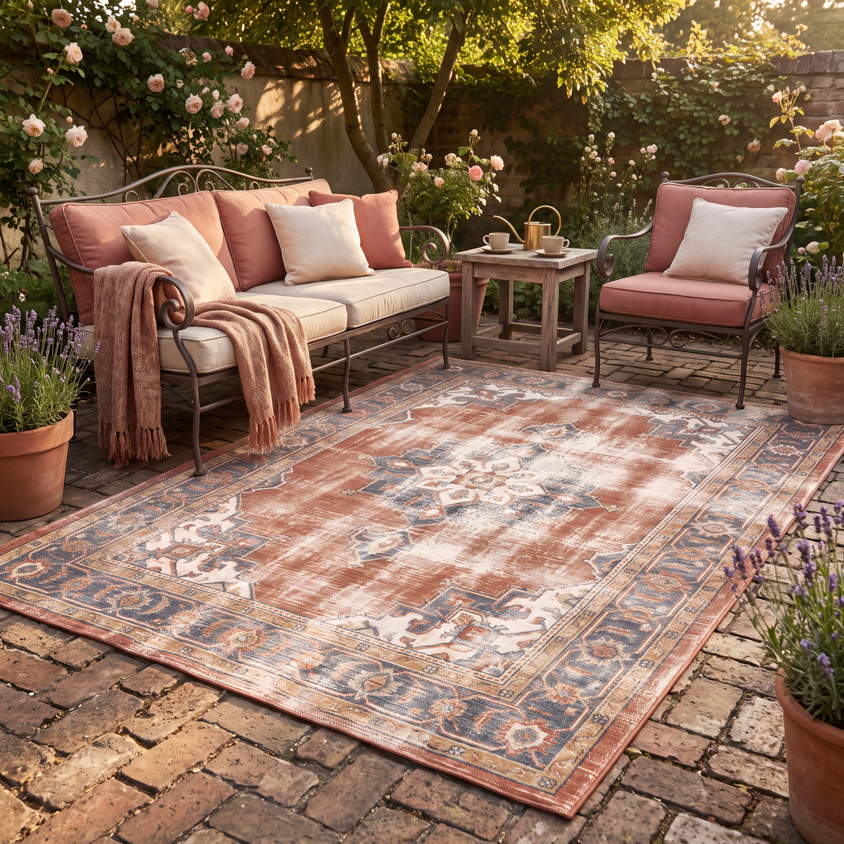 The rug laid flat on a patio beside outdoor seating.