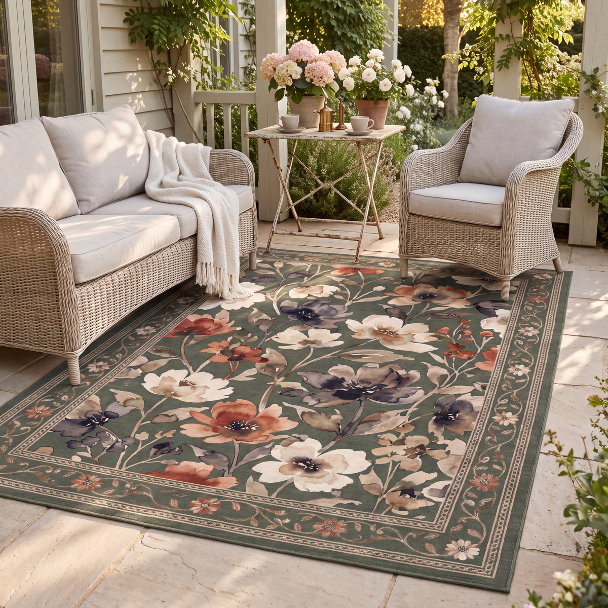 The rug laid flat on a patio beside outdoor seating.