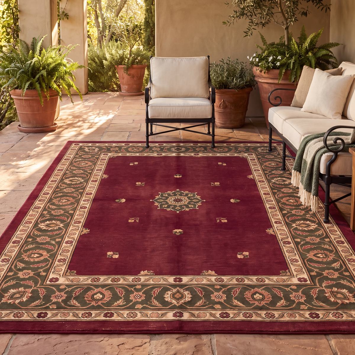 The rug laid flat on a patio beside outdoor seating.
