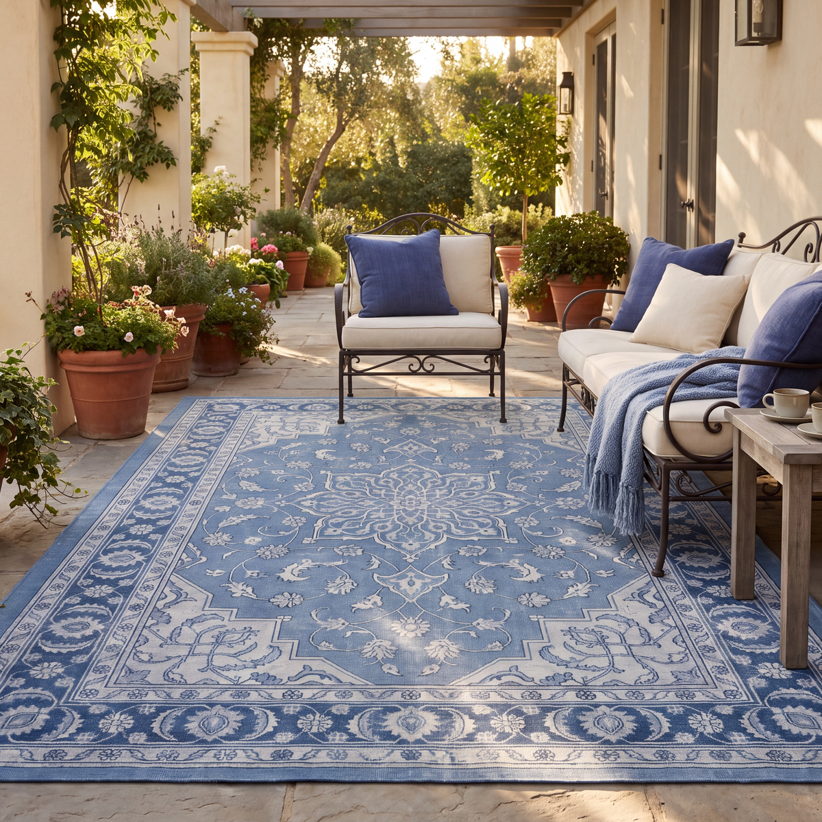 The rug laid flat on a patio beside outdoor seating.