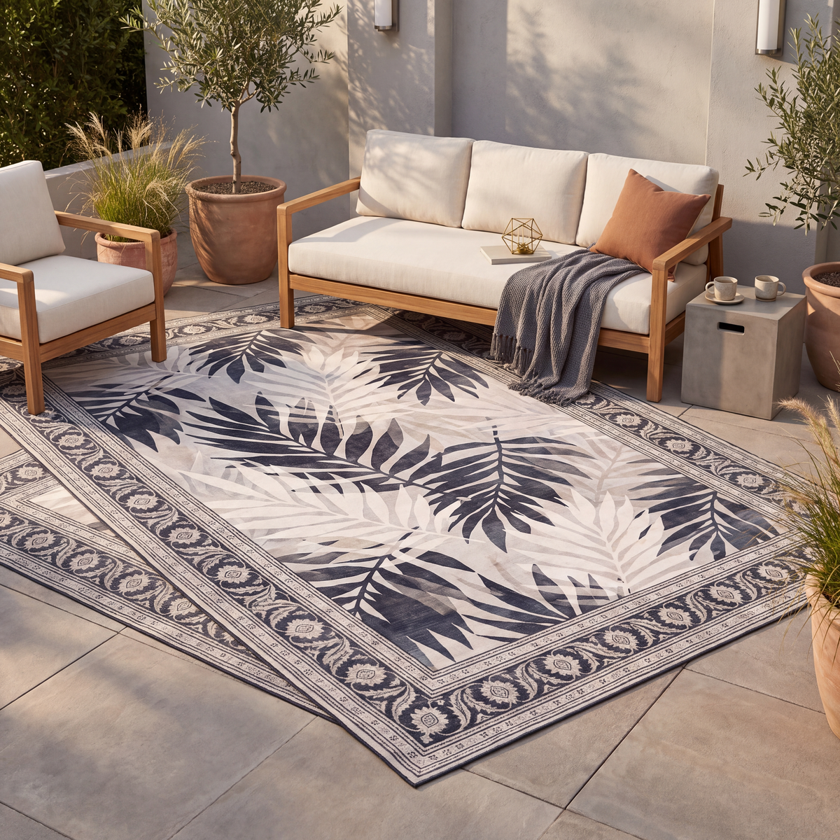 The rug laid flat on a patio beside outdoor seating.