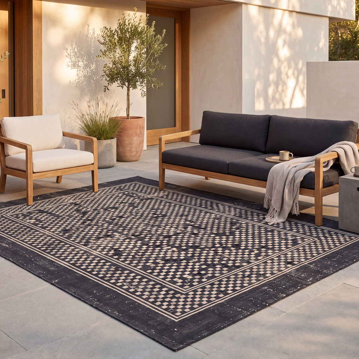 The rug laid flat on a patio beside outdoor seating.